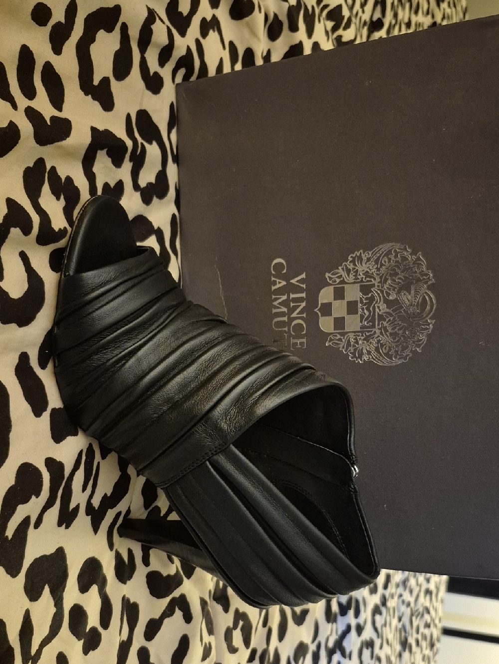 Vince Camuto Black Ruched Leather Peep-Toe Heel